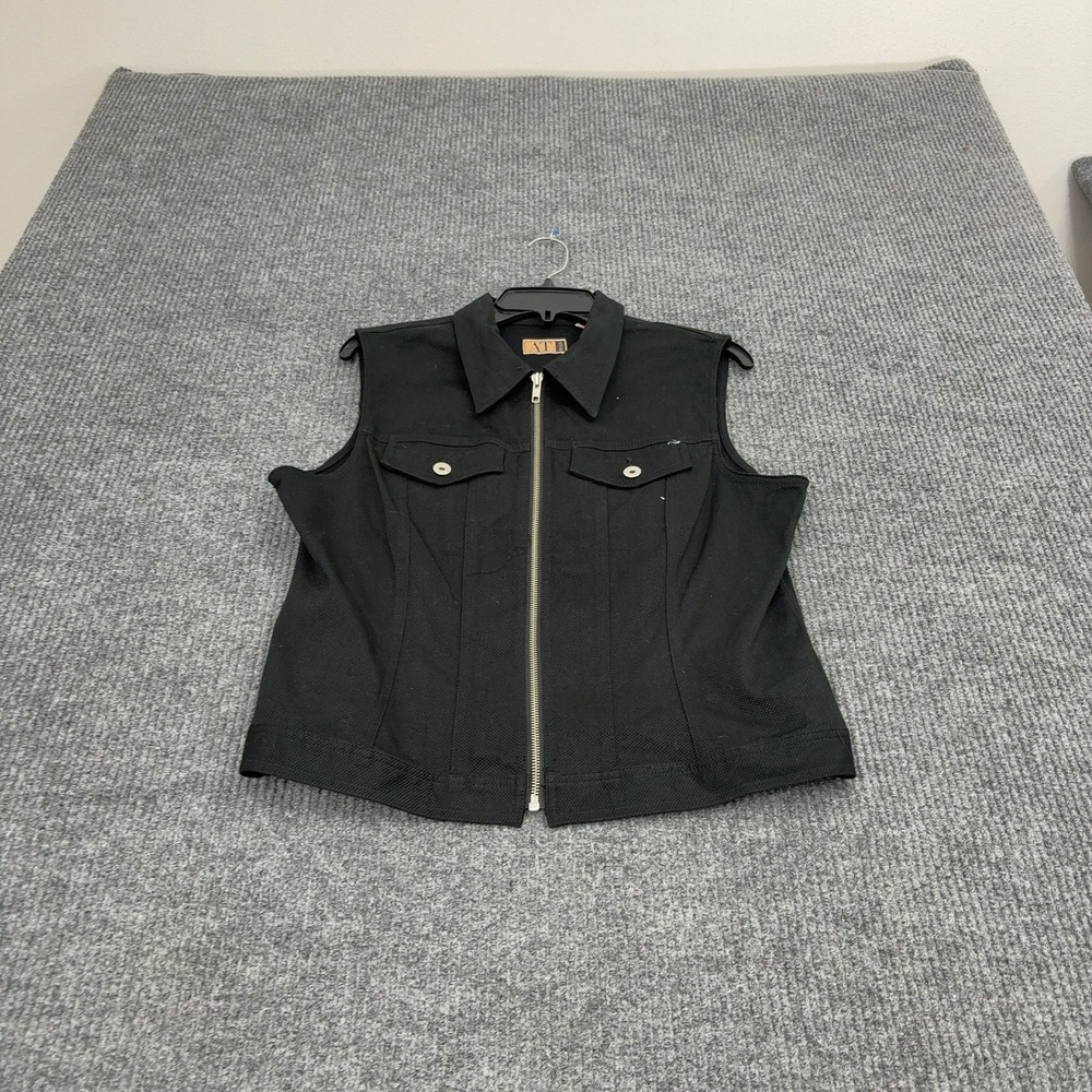 Vintage AT Denim Vest Women L Black Cotton Spandex Full Zip Collared Goth Grunge